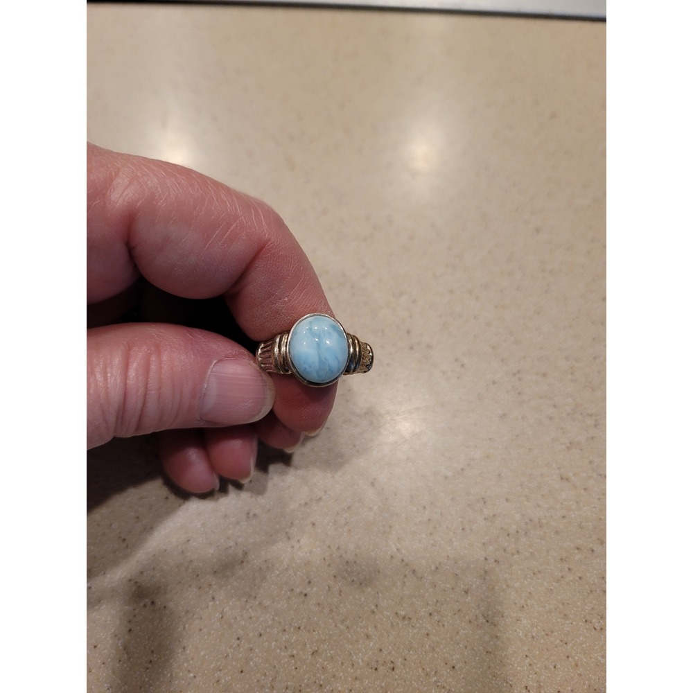 Vintage Sterling Silver Larimar Ring‎ Oval Blue Stone Mixed Metal Boho